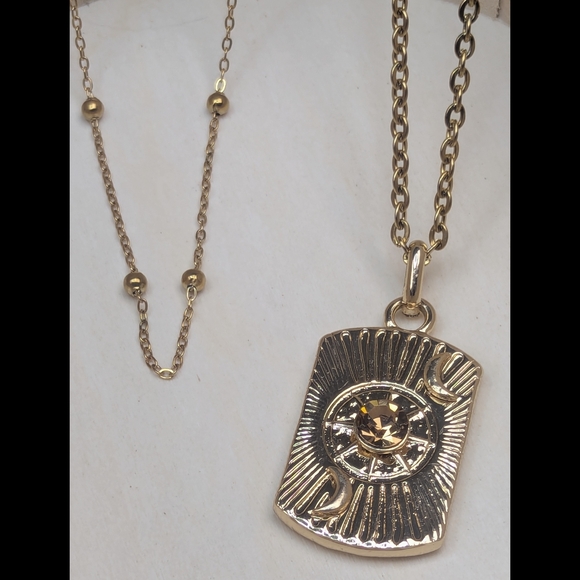 18K Gold Plated Layered Necklace Set Sun Moon Pendant Amber Crystal Satellite Ch - Picture 5 of 6